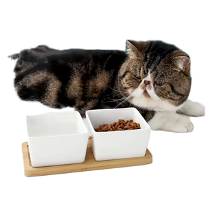 Adjustable Solid Pattern Waterproof <b>Ceramic</b> <b>Dog</b> Cat Food Water Bowl Elevated Wood Bamboo Stand - Product Image 1