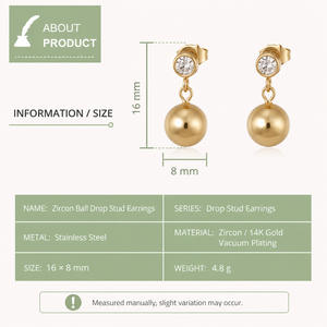 ต่างหูทรงกลมประดับเพชรเซอร์คอน สแตนเลสสตีล ชุบทอง 14K แบบสุญญากาศ ต่างหูทรงกลมขัดเงา 16 × 8 มม. - Product Image 3