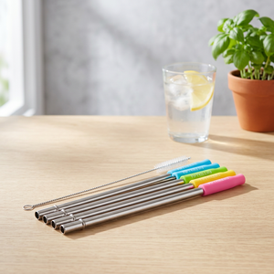 Reusable <b>Metal</b> Drinking <b>Straws</b> 4 Pack With Cleaning Brush Set Colorful Handles For Coffee Drinking - Product Image 6