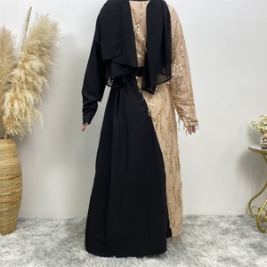 16168# Fashionable Beige and Black Two Color Splice With Small Sequins Tassel Women Popular <b>Abaya</b> Dress - Product Image 6
