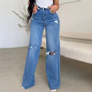 Jean déchiré vintage imprimé pour femme, taille haute, coupe ample et large, jambe droite, en denim, taille XL, décontracté pour l'été - Product Image 2