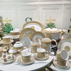 Groothandel Royal Luxe Servies Sets 58 Pcs Bone China Gouden Mozaïek Western Keramische Servies Sets