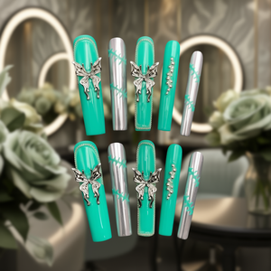 Uñas Postizas de Lujo, Diseño de Mariposa Verde, Acrílicas, con Pegamento Reutilizable para Aplicación en Dedos, 24 Piezas - Product Image 2