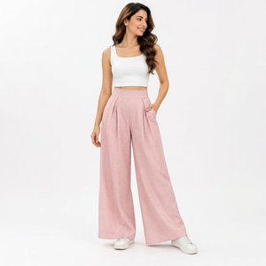 Pantalon Palazzo Plissé Rose Poudré Décontracté d'Été Respirant à Jambes Larges Taille Haute pour Femme avec Poches – Vente en Gros - Product Image 1