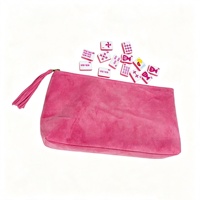 Sac de rangement personnalisé haut de gamme en micro-suède pour tuiles de mahjong, doublure blanche, pour jeu de tuiles de mahjong américain, avec pompons et fermeture éclair