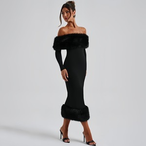 Fur Wrap Evening Dress - Sleeveless Ostrich Feather Design