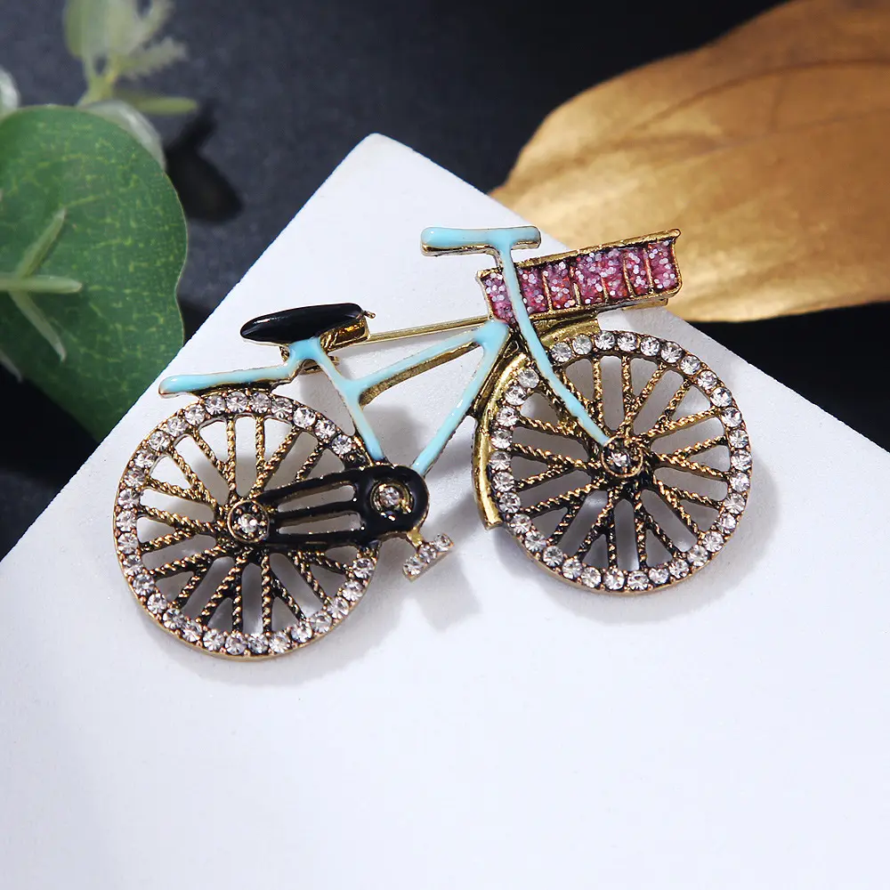 Go Party Vintage Two-Wheel Bicycle Charm Crystal Brooch Cardigan Coat Silk Scarf Pin Button Corsage Accessories Brooch Pins