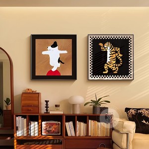Framed Wall Art Cartoon Animals Oil <b>Canvas</b> Abstract Painting Rectangle Black <b>Frame</b> Restaurant Living Room Decor - Product Image 3