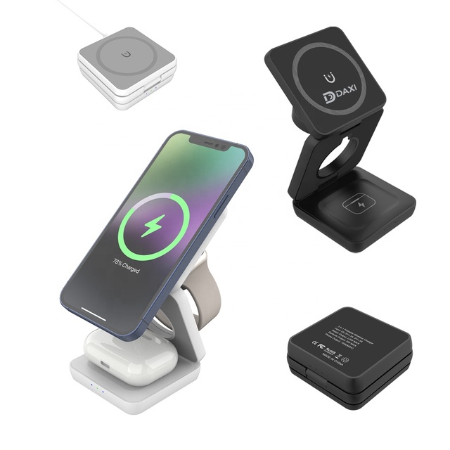Multi-functional Wireless Charger Station for iPhone iWatch AirPods 3 in 1 Foldable Magnetic Wireless Charging Stand with Cable