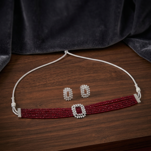 Silver Plated Hydro Bead Choker <b>Necklace</b> Set Maroon <b>Ruby</b> Red Multi Layer Crystal Beads Collar <b>Necklace</b> with CZ Stud Earrings - Product Image 3