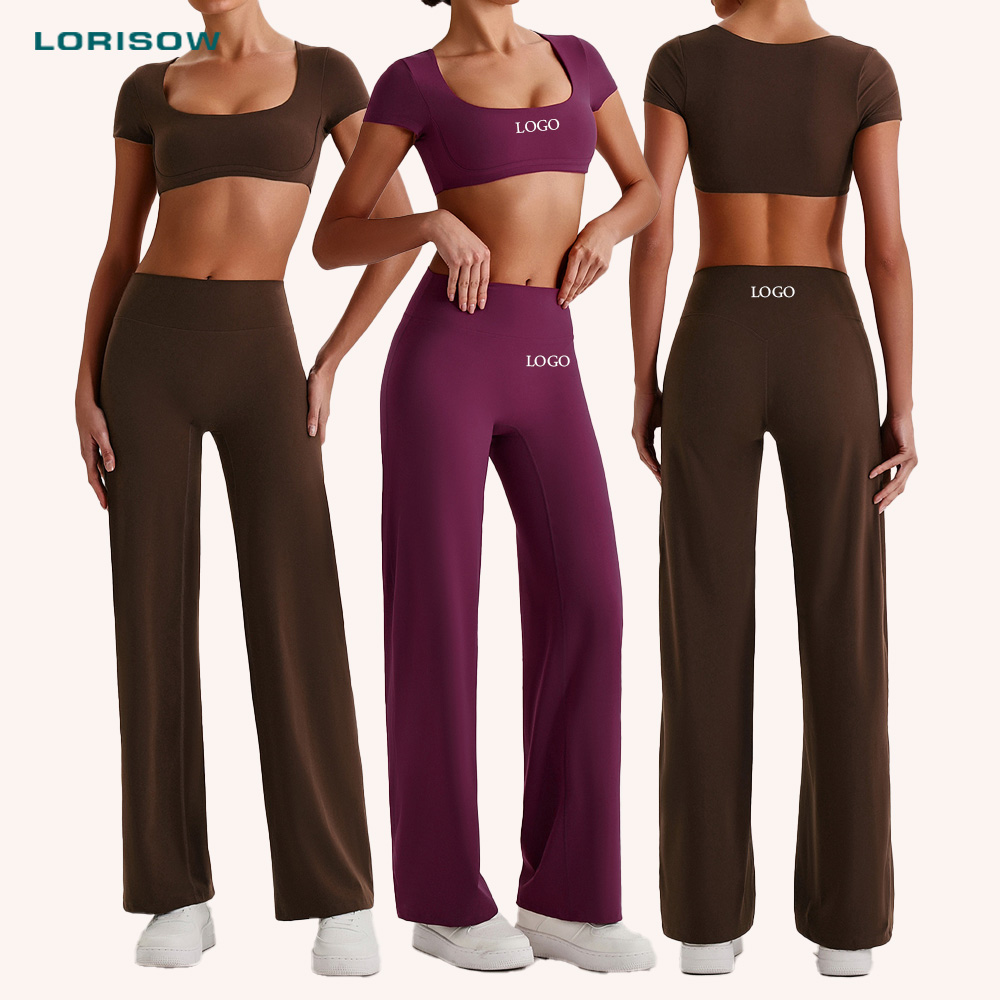 LORISOW Custom Sports Wear 2 Piece Sports Top Flare Leggings Sets Gym Wear Women Sets Fitness Wide Leg Pants Running Suit