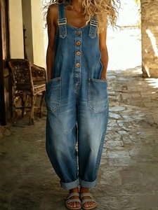 Mono vaquero de punto informal para mujer, estilo vintage europeo-americano, desgastado, de corte regular, cintura alta, con botones, para verano - Product Image 6