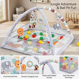 สนามเด็กเล่น 3-in-1 Safari Ball Pit Playpen, พร้อมโครงตาข่าย, แผ่นรองนุ่ม และลูก<span class=keywords><strong>บอล</strong></span>หลากสี 30 ลูก สำหรับเด็กทารกและเด็กเล็ก - Product Image 4