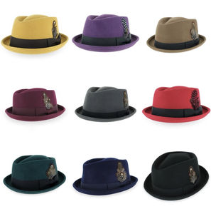 맞춤형 로고 클래식 다이아몬드 크라운 포크 파이 패션 스팅이 브림 깃털 장식 100% 울 펠트 페도라 모자 남성용 - Product Image 6