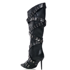 Trending Gold Side Zipper Women's Knee High Boots Pointed Toe Metal Studded Cross Straps Long Booties Stiletto Heel <b>Shoes</b> - Product Image 5