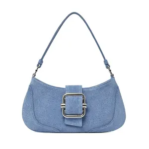 2023 Gold Factory Supplier Denim Women Hobo Bags Stylish Lady Fur Underarm Bags Premium Buckle Custom Ladies Shoulder Bags