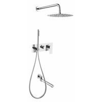 Système de douche pluie vintage avec pommeau rond, bras flexible courbé, douchette à main multi-jets et kit de fixation murale