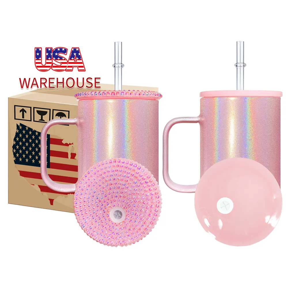 USA kho trà sữa bia 17Oz ánh sáng lung linh Glass Coffee Mug với Rhinestone nắp cho thăng hoa in chuyển nhiệt