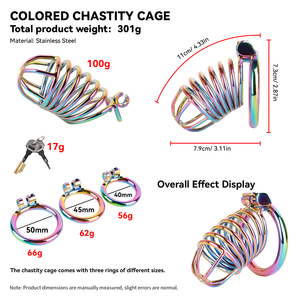 Jaula de Castidad Masculina de Acero Inoxidable Iridiscente Colorida con 3 Anillos Intercambiables, Dispositivo de Bloqueo de Pene BDSM para Hombres Adultos - Product Image 6