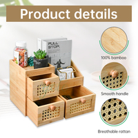 Organisateur de bureau en bambou naturel avec 3 tiroirs en rotin Boîte de rangement de comptoir en bois pour la maison, le bureau et l'école