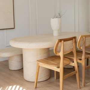 <span class=keywords><strong>Table</strong></span> à manger ovale allongée en travertin beige vert, style galet doux, avec double colonne solide, <span class=keywords><strong>table</strong></span> de dîner de luxe minimaliste pour la maison de rêve - Product Image 2