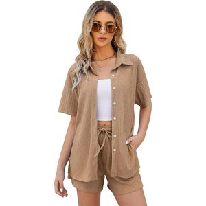 FOXA Womens 2 Piece Casual Outfits Summer Pleated Short Sleeve Top Button Down Shirt <b>Set</b> Breathable Y2K Style - Product Image 2