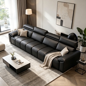 Sofá Seccional Modular de Cuero Negro Premium, Sofá Combinado Grande y Moderno con Reposacabezas Ajustable para Familias Numerosas - Product Image 1