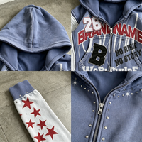 Veste universitaire OUNA personnalisée avec logo, fermeture éclair, pour homme, avec patchs en strass, sweat-shirt épais, effet usé, en polaire, style Y2K