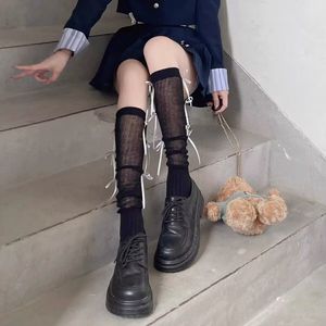 Sweet Cool Bow Tie Calf <b>Socks</b> Over The Knee Thin Ribbon Slouch <b>Socks</b> For Women Transparent Cotton Solid Color <b>Black</b> White Light - Product Image 1