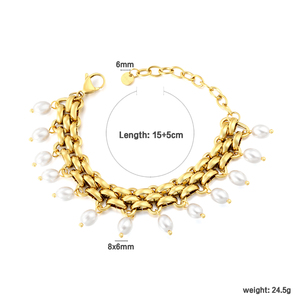 สร้อยข้อมือสแตนเลสสตีลชุบทอง 18K PVD ประดับมุก สร้อยข้อมือแบบคลาสสิกสำหรับผู้หญิง เหมาะสำหรับงานปาร์ตี้ สร้อยข้อมือแบบเชื่อมต่อทำจากโลหะผสม - Product Image 2