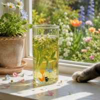 Mignon verre à café en borosilicate avec motif chat de jardin, 400 ml, haute transparence, résistant à la chaleur, pour café, lait, thé, eau
