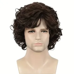 Top Quality Men Short Brown Curly Layered Wig Fluffy with Bang Human Hair Pieces Mens Replacement System