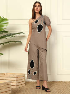 Ensemble pantalon et haut asymétrique à col pour femme, longueur cheville, en coton, style combinaison longue, robe western, design élégant et tendance - Product Image 2