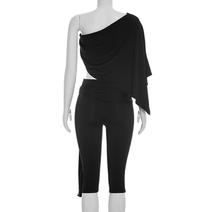 วิวิบลูค์ C26ST085 ชุดฤดูร้อนสำหรับผู้หญิง สีพื้นเรียบง่าย เสื้อครอปแบบไม่มีสายรัดไหล่ กางเกงจีบขาสั้น ชุดสามชิ้น - Product Image 4