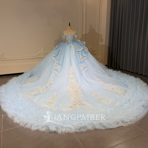 Xs319 Modern Stunning <b>Sky</b> <b>Blue</b> Sweetheart Gold Baroque Scroll Crystal Bow Floor-Length Ball Gown Ruffle Hem Quinceanera Dress - Product Image 2