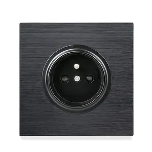 Black Aluminum Panel French Standard Wall Power Socket Outlet Grounded With Child Protective Lock