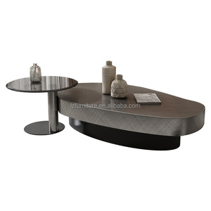 Italian Design Nesting Coffee <b>Table</b> Set <b>Walnut</b> Wood Top Oval Center <b>Table</b> Black Tempered Glass End <b>Table</b> Metal Base Home Hotel - Product Image 5