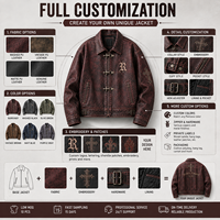 Blouson universitaire OEM en cuir craquelé bordeaux pour homme, avec boucle à crochet métallique, broderie gothique, style motard et de course