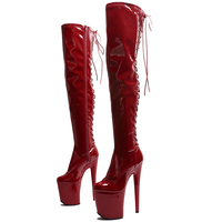 20CM / 8 pouces brevet PU supérieur femmes mode tendance talon haut plate-forme dos à lacets Stretch cuisse haute botte pôle bottes de danse