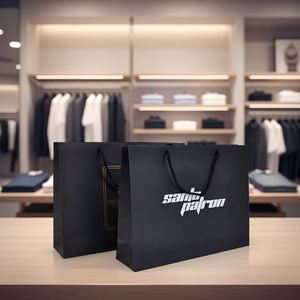 Black Recyclable Coated Paper Custom Logo Shopping <b>Bag</b> with Hand Length Handle and Hot Stamping - Product Image 1