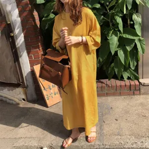 Best Selling Women's O-Neck Long Sleeves Casual Pullover Plus Size Linen Cotton Kaftan Oversize Maxi Shirt Dress Made