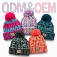 Bonnet unisexe personnalisé en tricot torsadé mélange de couleurs avec pompon, étiquette en cuir, bord côtelé, épais et douillet, couleurs pastel, pour l'hiver, les activités de plein air et les voyages, tendance