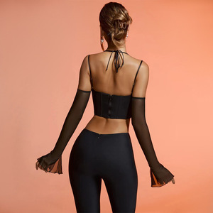 Corsé de manga larga de malla Sexy, corpiño acampanado, capa transparente recortada, forro de satén, cintura delgada, cremalleras invisibles, Tops cortos para mujer - Product Image 3