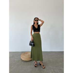 Falda acampanada de buceo con cintura elástica para mujer, de satén elástico de poliéster y spandex, ajuste ceñido - Product Image 3