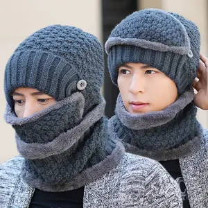 Beanie di inverno Degli Uomini di Set Sciarpa Cappello Lavorato A Maglia Berretti Maschera Cofano Baggy Cappelli Caldi Per Gli Uomini Foderato In Pile di Spessore Skullies Berretti