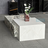 Table basse de salon en marbre de conception moderne, socle bas, luxe, naturel, personnalisé, Calacatta Viola, onyx blanc glacé