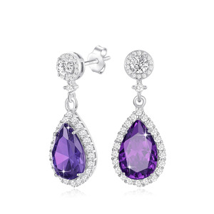 S925 Sterling <b>Silver</b> Pear Cut Natural Amethyst Dangle <b>Earrings</b> Double Halo Micro Paved CZ <b>Drop</b> <b>Earrings</b> Luxury Wholesale - Product Image 1