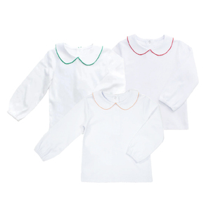T-shirts col claudine garniture ric rac pour enfants garçons vente en gros t-shirt d'hiver en coton blanc uni brodé pour tout-petits bébés garçons - Product Image 1