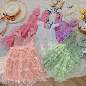 2023夏季公主飞袖婴儿女童图图连衣裙学步儿童纯粉色紫色罩衫连衣裙服装4329