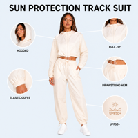 Ensemble 2 pièces de protection solaire UPF50+ pour femmes : veste courte à capuche et pantalon à cordon de serrage avec ourlet ajustable, survêtement anti-UV pour l'extérieur, ODM